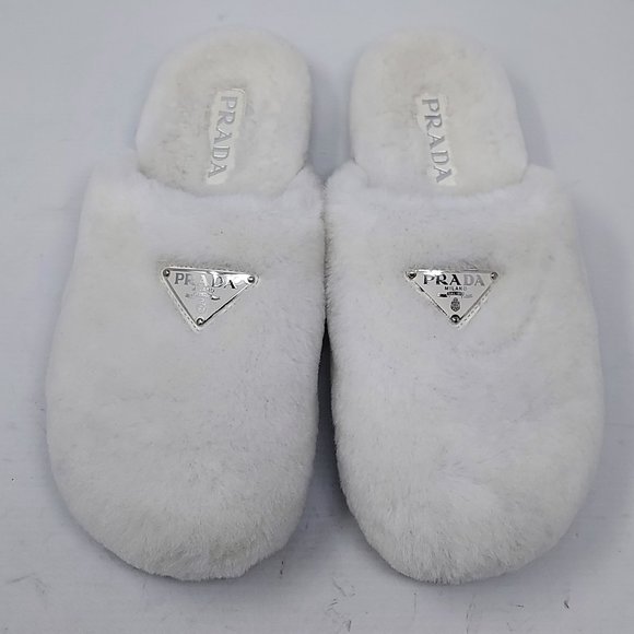 Prada | Shoes | Prada Fussbett Shearling Triangle Logo White Slippers |  Poshmark